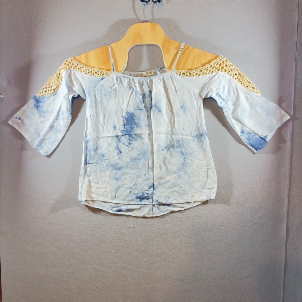 609 | Umgee USA Blue Tie Dye Cold Shoulder Crochet Top Small Boho Peasant Blouse
